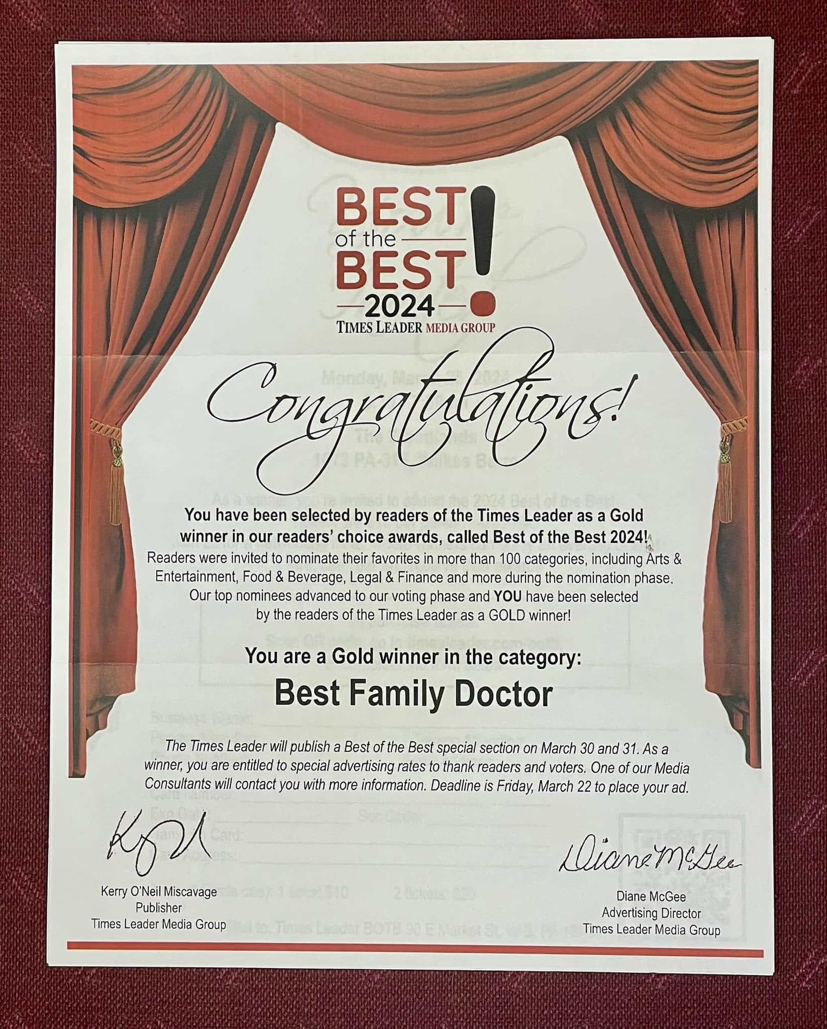 Times Leader Best of the Best 2024 — Gold Winner, Best Family Doctor